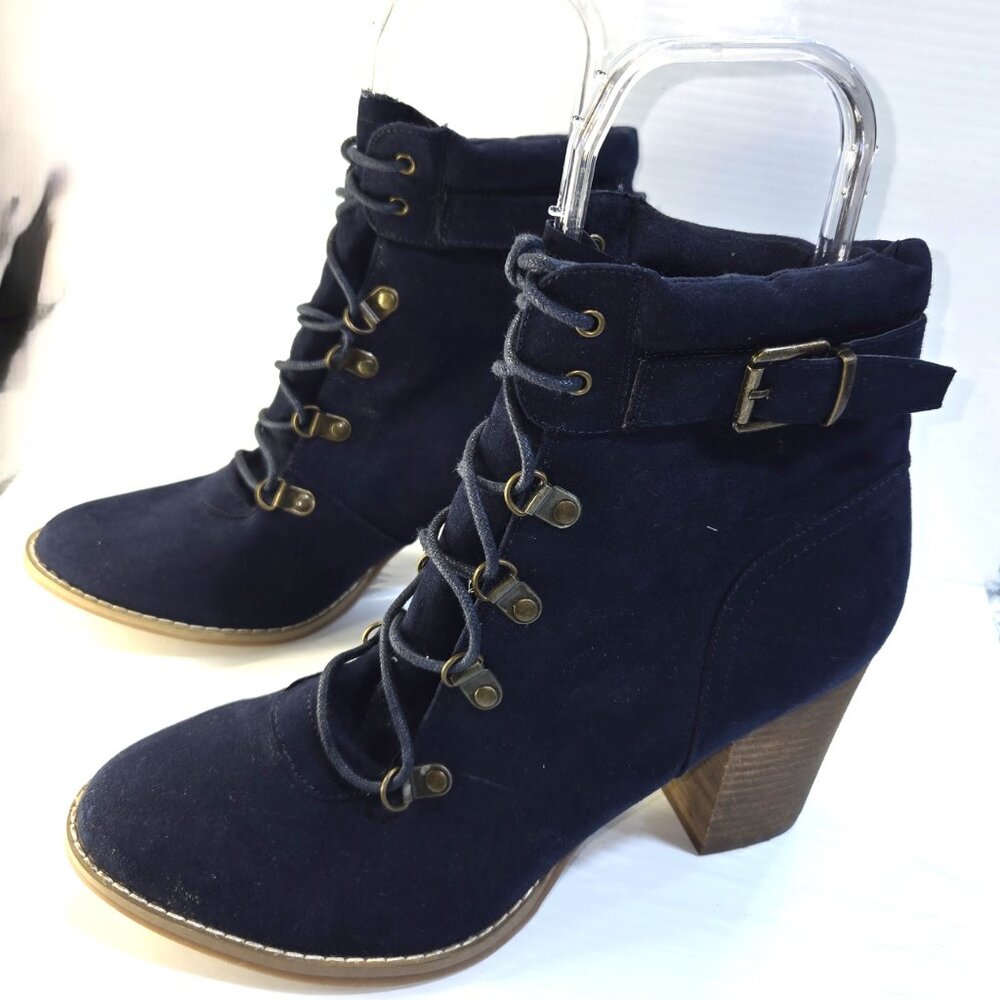 Cato Women's Navy Faux Suede Block Heel Lace-up Ankle Booties Size 11M